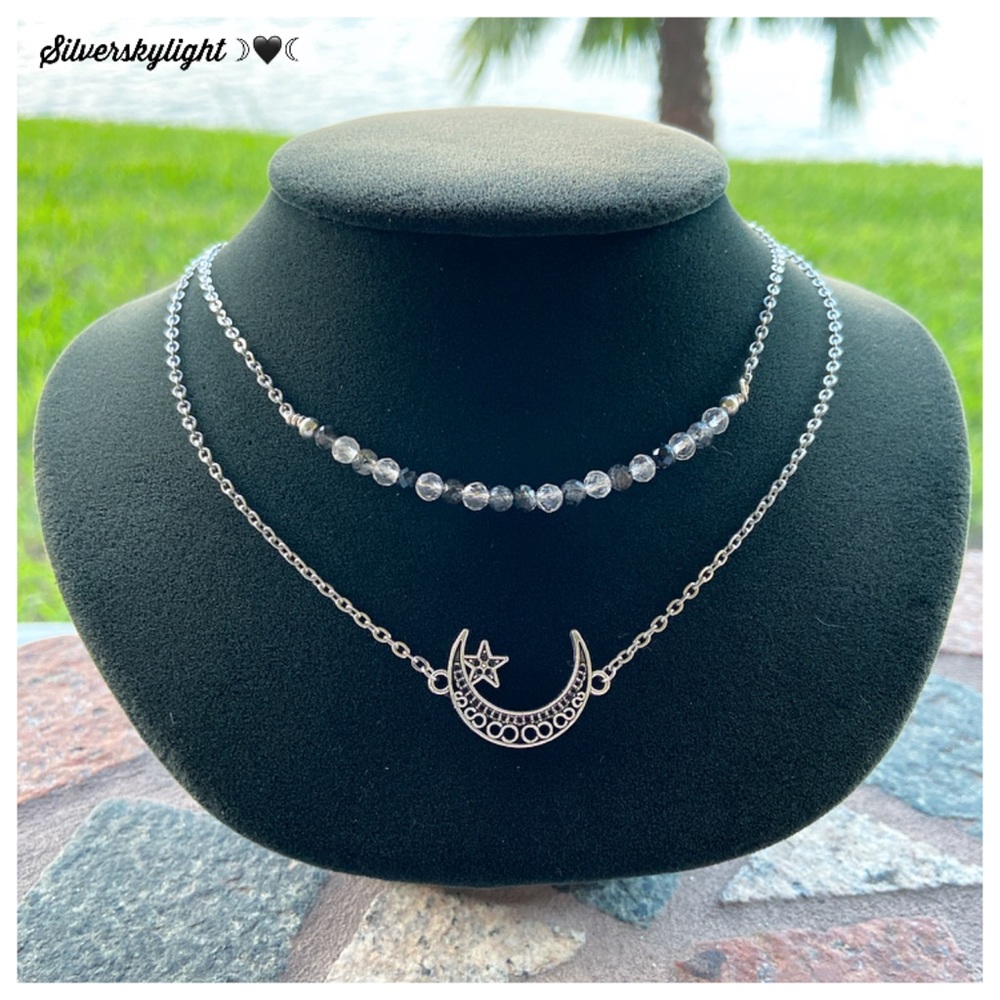 Double layer necklace moon star & druzy quartz - Picture 4 of 11